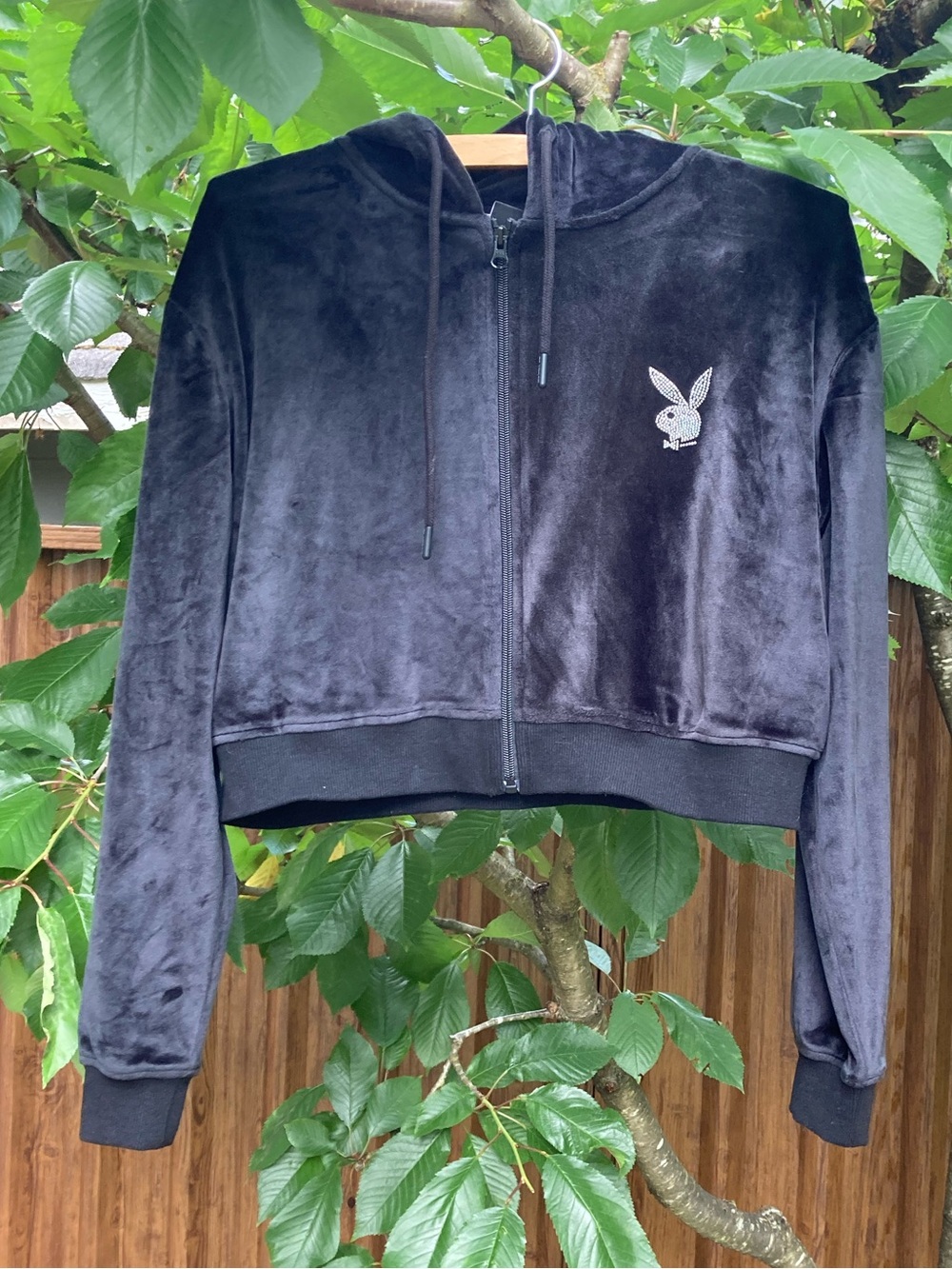 PLAYBOY Black Velour Cropped Zip Hoodie with Embroidered Bunny